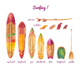 Surfboards of different lengths and types. Watercolor infographics. Bright wooden boards isolated on white