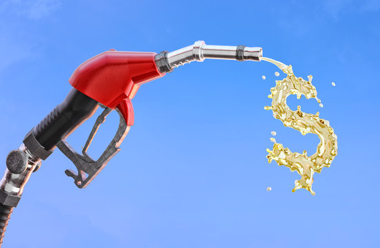 Gas pump nozzle with gasoline or biofuel forming liquid dollar sign symbolising gas price rising. Fuel increasing price, ecological biofuel and environmental friendliness concept. Clipping path. 3D