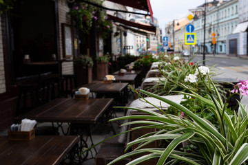 Street tables outside a cafe in the background is defocused in the foreground, the leaves of flowers