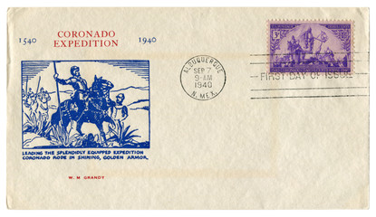 Albuquerque, New Mexico, The USA  - 7 September 1940: US historical envelope: cover with cachet Coronado expedition 1540, postage stamp Francisco and his captains, three cents, first day of issue