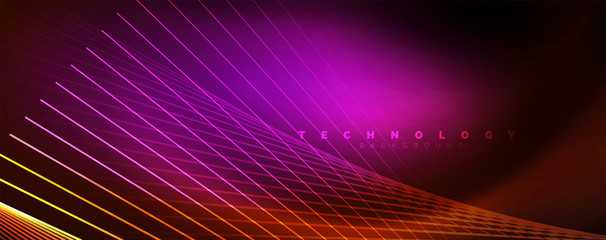 Shiny color neon light with lines, abstract wallpaper, shiny motion, magic space light. Techno abstract background