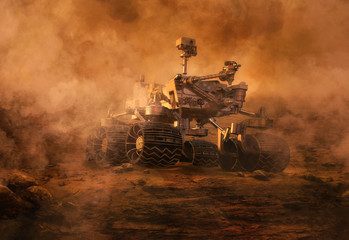 Mars rover exploring surface of Mars during mars dust sandy storm. Image of automated robotic space autonomous vehicle on the red Mars planet. Space exploration, astronomy science concept. 3D render © Corona Borealis