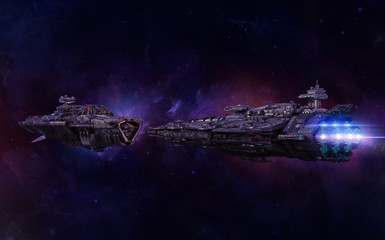 Spaceships flying in the deep space universe. Futuristic spacecrafts exploring space with starfield, galaxies and nebula in the background. Space exploration, astronomy science concept. 3D render