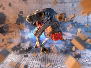 Tyrannosaurus Rex dinosaur holding red wrapped christmas gift box breaking through the wall. Funny merry christmas or new year greeting card concept. 3D illustration © Corona Borealis