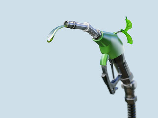 Gas  or diesel pump nozzle with gasoline or biofuel drop and growing green sprout symbolising environmental friendliness, isolated. Ecological gas diesel biofuel concept. 3D illustration - obrazy, fototapety, plakaty