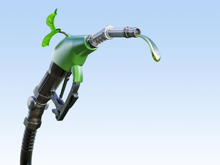 Gas  or diesel pump nozzle with gasoline or biofuel drop and growing green sprout symbolising environmental friendliness, isolated. Ecological gas diesel biofuel concept. 3D illustration - obrazy, fototapety, plakaty