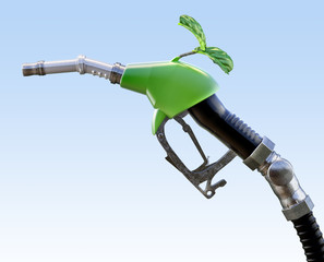 Gas  or diesel pump nozzle with gasoline or biofuel drop and growing green sprout symbolising environmental friendliness, isolated. Ecological gas diesel biofuel concept. 3D illustration