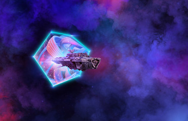 Spaceship flying through wormhole in the deep space universe. Futuristic sci-fi spacecraft exploring space with starfield, galaxies in the background. Space exploration, astronomy science concept. 3D