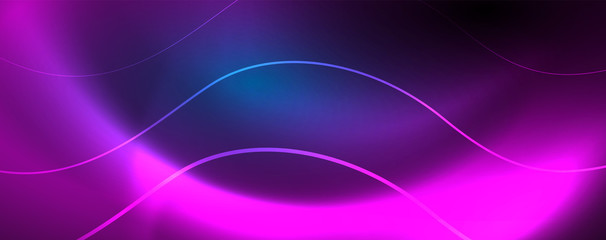 Trendy neon blue abstract design with waves and circles. Neon light glowing effect. Abstract digital background.