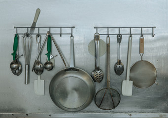 Kitchen utensils on wall. set cooking tools. Copy space for your text