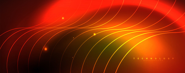Bright neon circles and wave lines, glowing shiny background design template, digital techno concept.