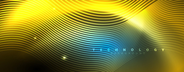 Fototapeta premium Trendy neon blue abstract design with waves and circles. Neon light glowing effect. Abstract digital background.