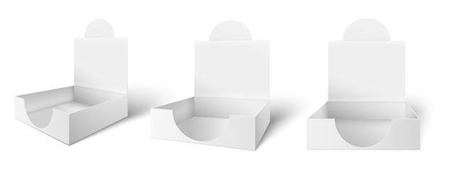 Cardboard counter displays box. Countertops advertising boxes, open packaging and packages mockup 3d vector illustration set