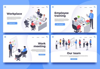 Obraz na płótnie Canvas Workplace landing page. Office workers, brainstorm meeting and business team vector illustration set