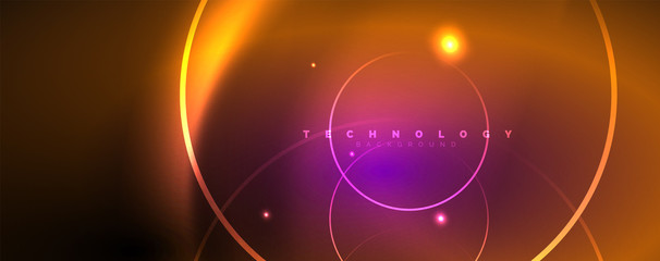 Shiny neon lights, dark abstract background with blurred magic neon light curved lines