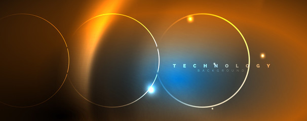 Trendy neon blue abstract design with waves and circles. Neon light glowing effect. Abstract digital background.