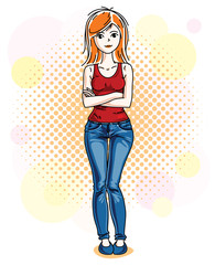 Attractive young red-haired woman standing on colorful background with bubbles and wearing casual clothes. Vector human illustration.