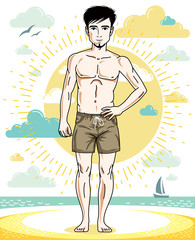 Handsome man with beard standing on tropical beach and wearing beachwear shorts. Vector human illustration. Summer vacation theme.