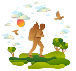 Young active man hiking to nature with grasslands and trees, vector illustration of beautiful summer scenic landscape, birds in the sky, holidays.