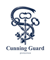 Snake wraps around vintage key, protected secret concept, turnkey and serpent old style tattoo, vector symbol logo or emblem.