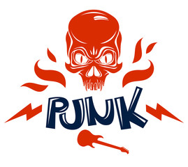 Skull on fire Rock and Roll vector logo or emblem, aggressive skull dead head in flames Hard Rock label, Punk music festival concert or club, musical instruments shop or recording studio.