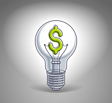Light bulb concept with dollar sign instead of tungsten wire, financial idea for business, beautiful vector illustration.