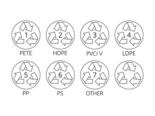 Recycling symbols for plastic. Flat icons, signs for design packaging.