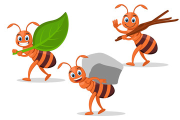Set ants carry leaf, stone and tree branches on a white.