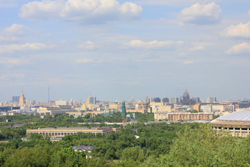 Fototapeta na wymiar Moscow city skyline views from panoramic Sparrow Hills observation platform in Russia 