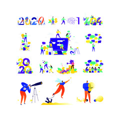 Illustrations on the topic of business. Vector. Metaphoric situations in business. Communication, finance, communication, social networks. 2020 new year.