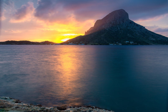 Sunset view of the Telendos island, from Myrties village in Kalymnos island, Greece.