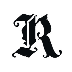 Letter R, in the Gothic style. Vector. Alphabet. The symbol is isolated on a golden background. Calligraphy and lettering. Medieval Latin letter. Logo for the company. Monogram. Elegant font for tatto