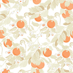 Orange fruits and blossoming trees seamless pattern on white background - Illustration, vector