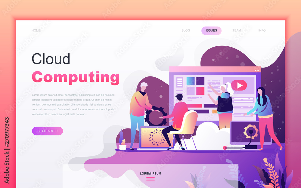 Poster Modern flat cartoon design concept of Cloud Computing for website and mobile app development. Landing page template. Decorated people character for web page or homepage. Vector illustration.