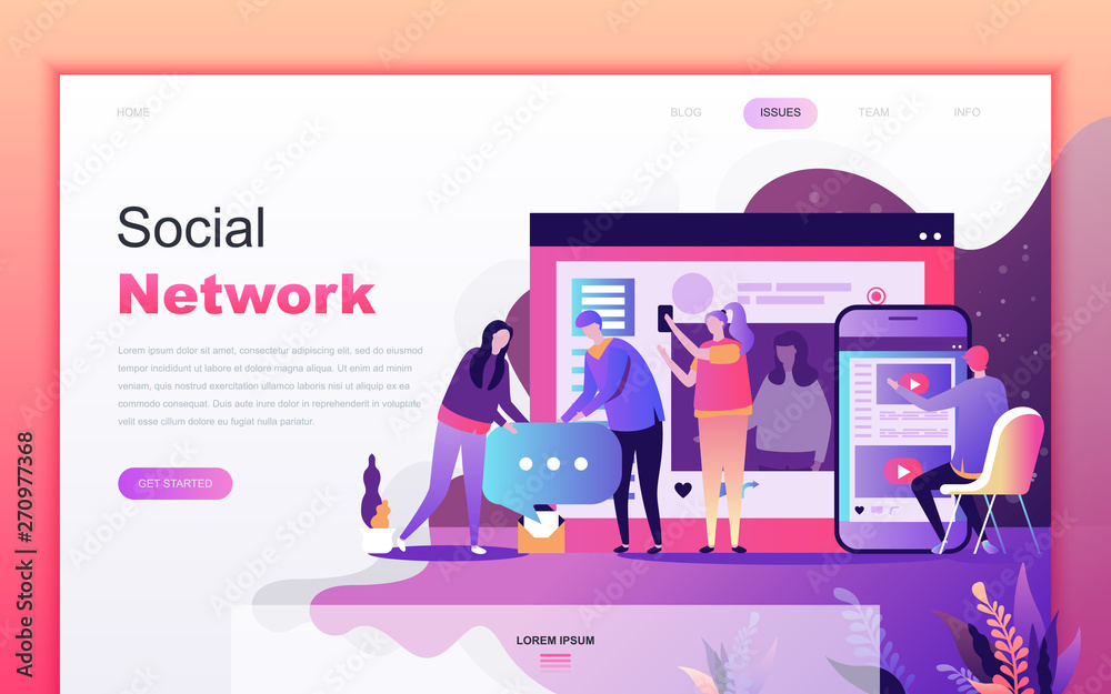Leinwandbilder modern flat cartoon design concept of social network for website and mobile app development. landing