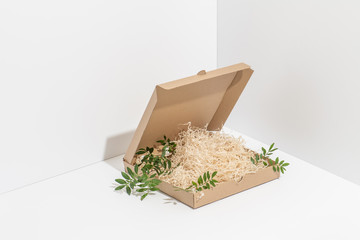 Disposable, recyclable paper pizza box in the corner over white background
