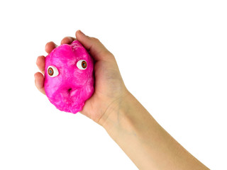 Bright slime in the right hand isolated on a white background.