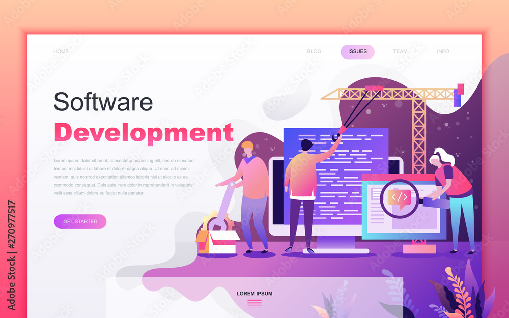 Poster Modern flat cartoon design concept of Software Development for website and mobile app development. Landing page template. Decorated people character for web page or homepage. Vector illustration.