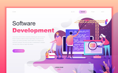 Obraz na płótnie Canvas Modern flat cartoon design concept of Software Development for website and mobile app development. Landing page template. Decorated people character for web page or homepage. Vector illustration.