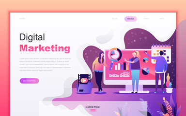 Modern flat cartoon design concept of Digital Marketing for website and mobile app development. Landing page template. Decorated people character for web page or homepage. Vector illustration.