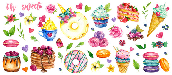 Watercolor sweets collection, painted dessert set