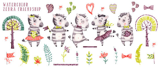 Cute watercolor cartoon zebra collection