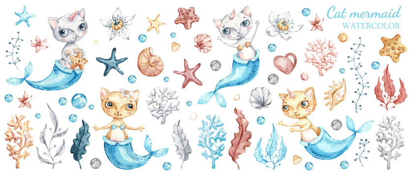 Cute cat mermaid, watercolor illustration set