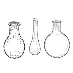 Set of witch bottles with magic liquid or poison and love potion, line and dot stipple art, hand drawn. Flash tattoo design. Vector