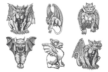 Set of mythological ancient creatures animals with bat like wings and horns. Mythical gargoyle with sharp fangs teeth and nails or claws in seating position. Engraved hand drawn sketch. Vector.