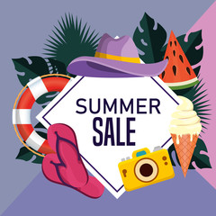 Fototapeta premium label of summer sale poster with leaves plants