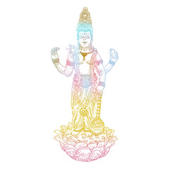 Lord Vishnu standing on lotus giving blessing hand drawn illustration in classic vision. Hindu God.  Vector.