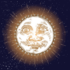Fototapeta premium Sunrise engraving illustration. Vintage engraved sun with face of the human like. Anthropomorphic flash tattoo or print design. Vector