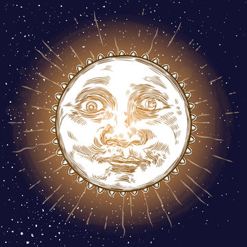 Sunrise engraving illustration. Vintage engraved sun with face of the human like. Anthropomorphic flash tattoo or print design. Vector