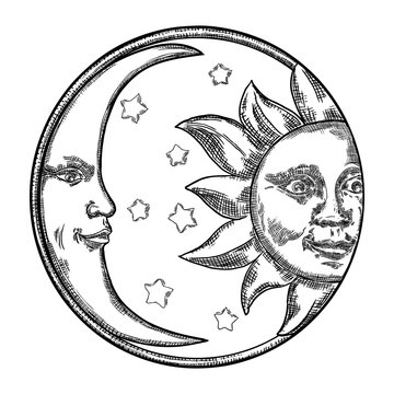 Hand drawn art sun and crescent moon. Flash tattoo design. Antique style design, isolated on white background. Vector